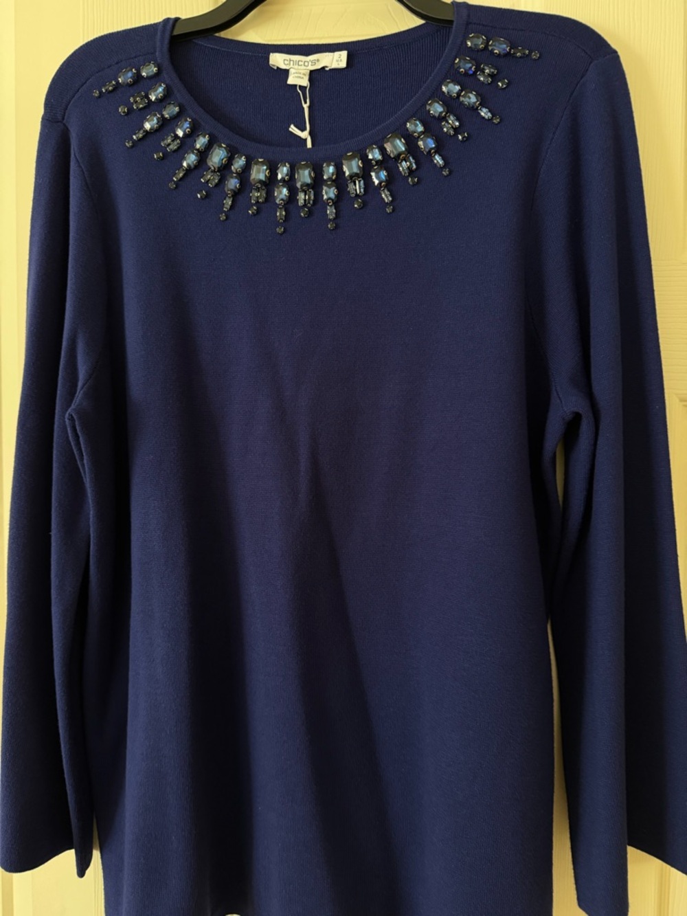 Chico's Royal Blue Long-Sleeve Top with Jeweled Neckline